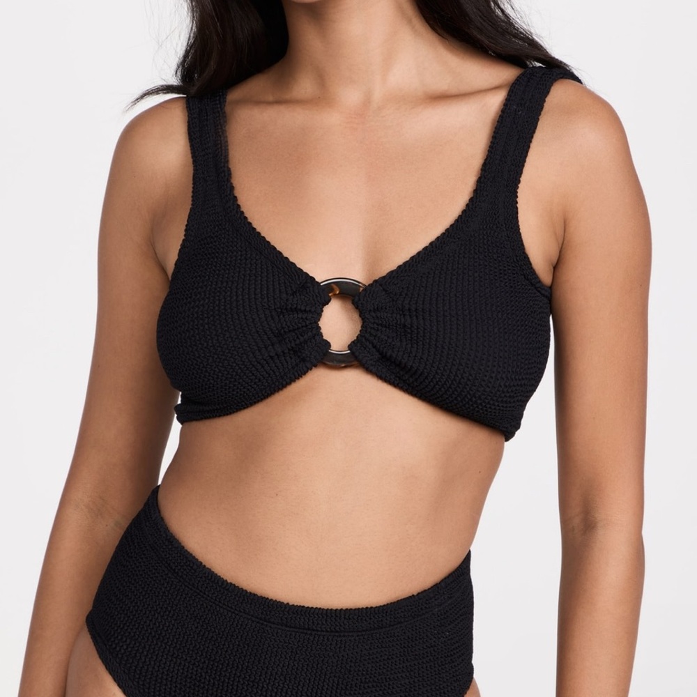 Hunza G Black Textured Bikini Top with Ring Detail